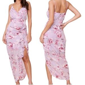 NWT ASTR Floral Wrap Midi Dress Lilac Ruffle High Low Slit Romantic Feminine